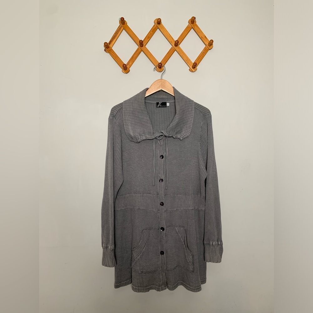 Women’s Fenini Acid Wash Gray Cotton Waffle Knit Cardigan Sweater SZ L